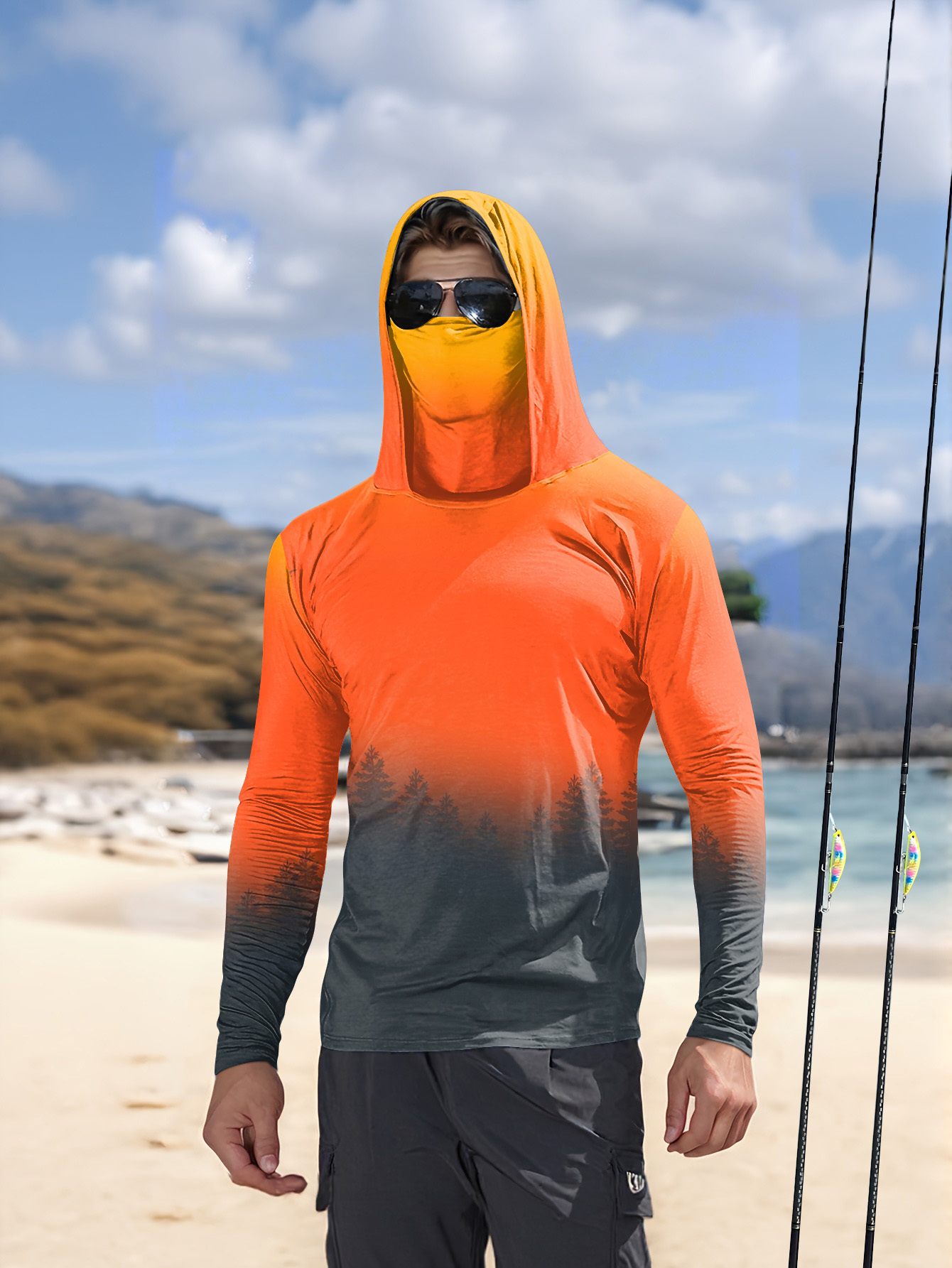 Fishing Hoodie - Herren-Hoodie mit Farbverlauf und Waldmuster, Sonnenschutz,